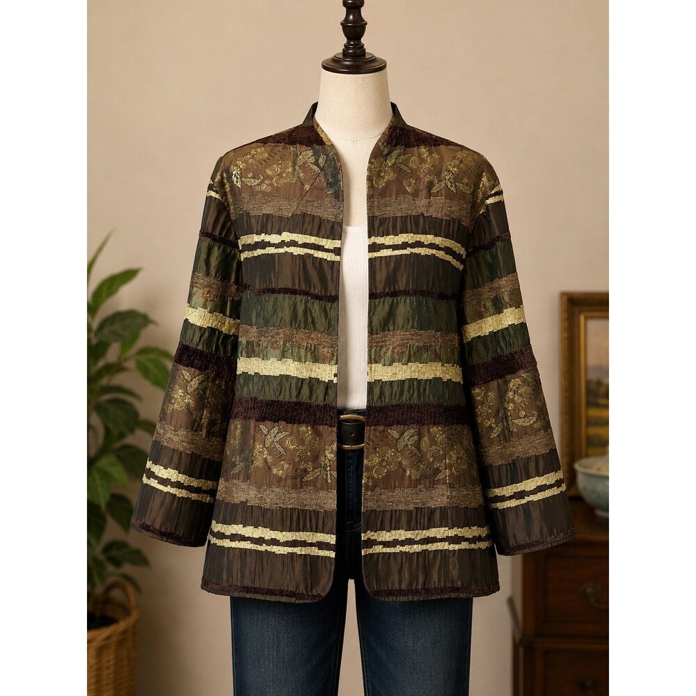 Textured Patchwork Open Front Jacket Brown Green Gold Size 16 Boho Artsy